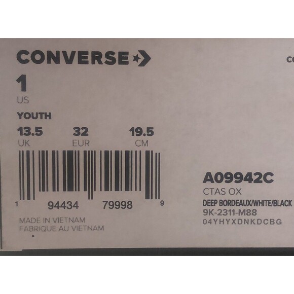 Converse Ox Canvas Sneaker 'Deep Bordeaux Youth Size 1 - 19.5 CM New - Picture 8 of 8